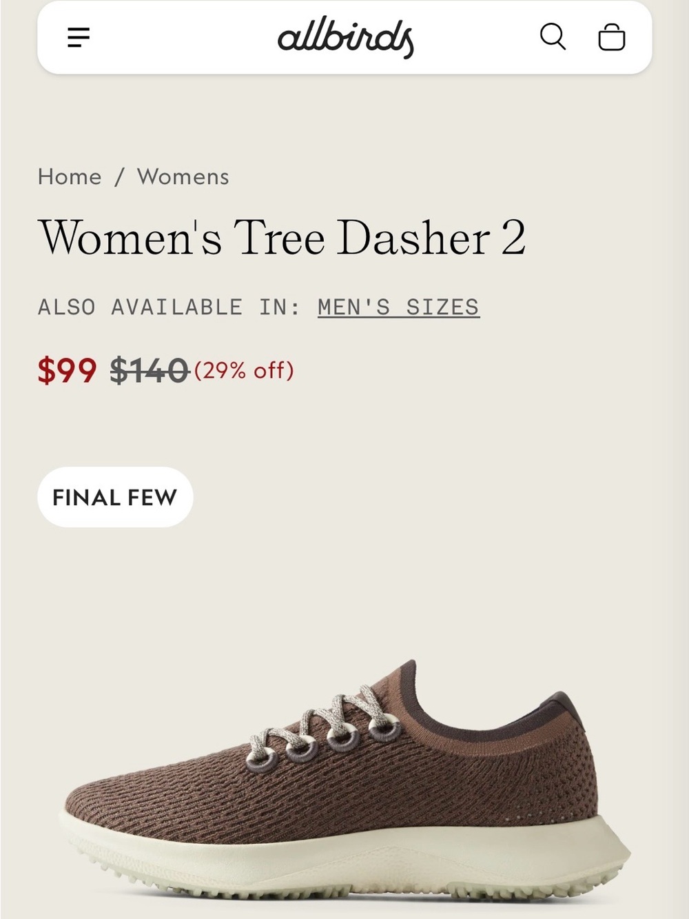 NEW ALLBIRDS TREE DASHER 2 RUNNING SHOE LIMITED EDITION HAZY COCOA WOMENS SZ 8 - Picture 12 of 12